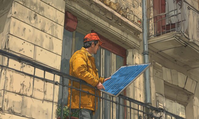 Illustration eines Mannes der auf einem Balkon steht und ein Solarpanel in der Hand hält.