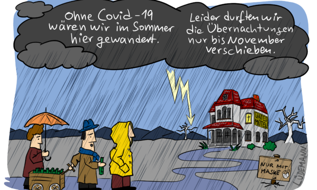 Humorvolle Illustration von Carsten Lüdemann. An einem verregneten Tag schaut eine Dreiergruppe auf ein Ferienwohnung, die sie für den Sommergebucht hatten, aber auf Grund von Covid-19 nicht nutzen konnten und nun die Reise nur bis November verschieben konnten.