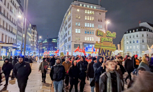 Protestgruppe in der Hamburger Innenstadt unter dem Motto „Offensiv für Wohnraum“