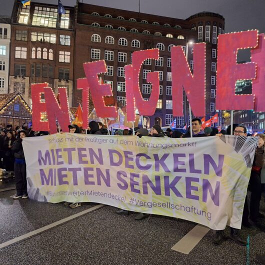 Eine Gruppe von Menschen hält Schilder in der Hand und nimmt an einem Protest gegen den Mietenwahnsinn teil