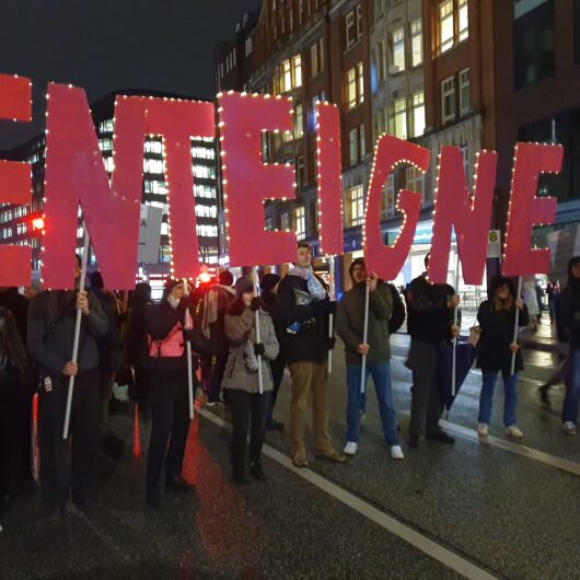 Menschenmenge mit Schildern, auf denen "Enteignen" steht, versammelt sich für eine Demonstration gegen den Mietenwahnsinn.