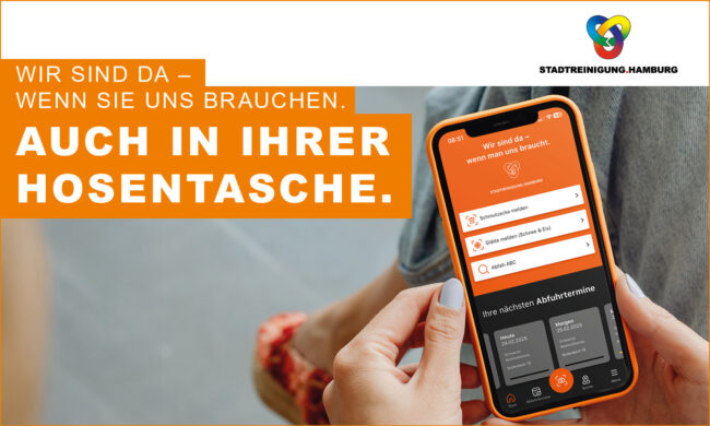 Werbung der Hamburger Stadtreinigung, die auf deren neue App aufmerksam machen soll. Es ist ein Handy in der Hand einer Frau zu sehen. Auf dem Handy ist die App der Stadtreinigung geöffnet.